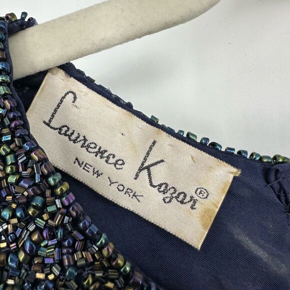 Vintage Laurence Kazar Silk All Over Beaded Mini Dress Size L Navy Cocktail - Picture 5 of 13